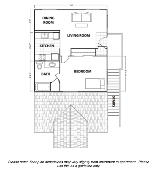 Floor plan for 1 bed, 1 bath, 636 sqft